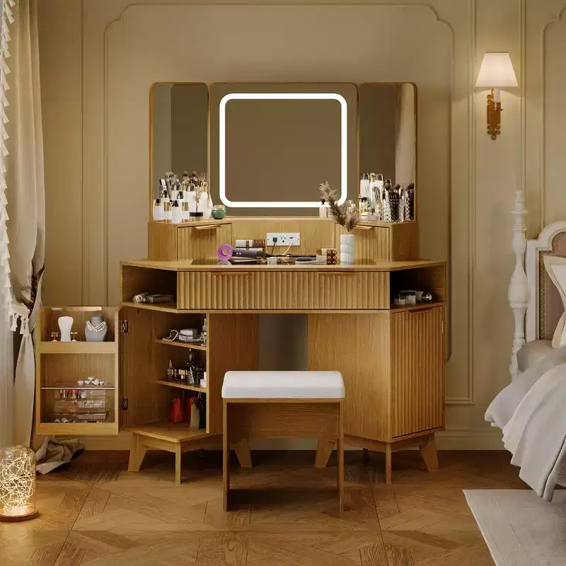 Corner Vanity Makeup Desk Natural Wood, Corner Vanity Table with Glass Top, Corners Vanity Desk with Mirror and Lights and Chair