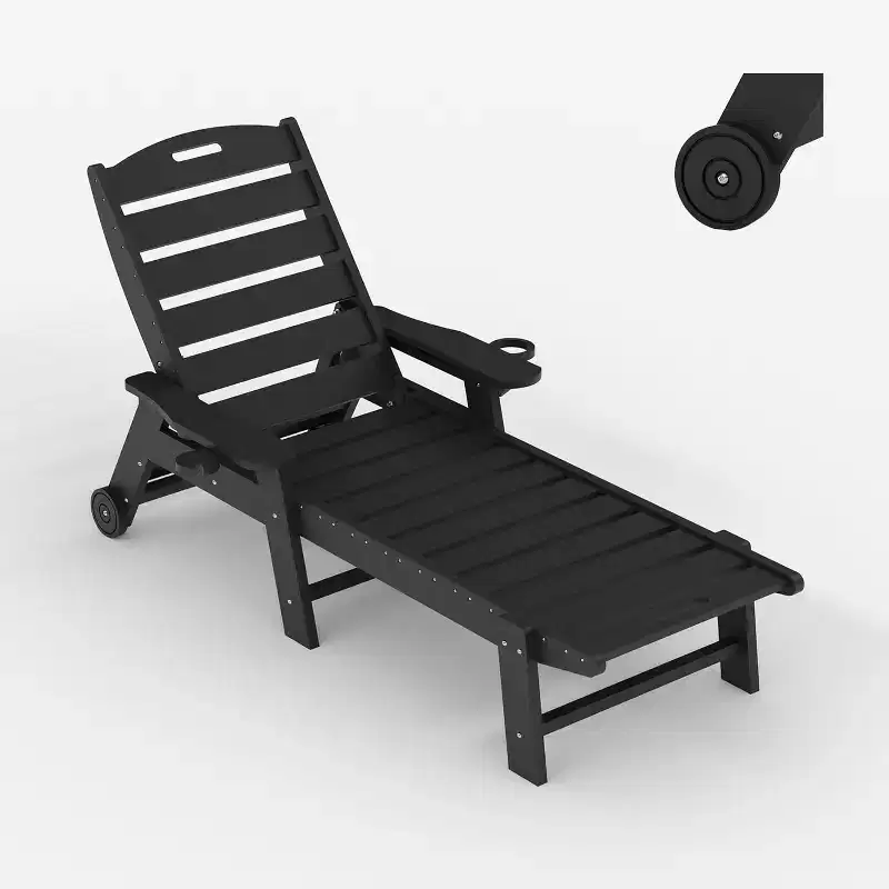 5-Position Patio Lounge Chair for Outside, HDPE Chaise Lounge Outdoor with Cup Holder, Resin Pool Lounger Chair with Rolling Wheels