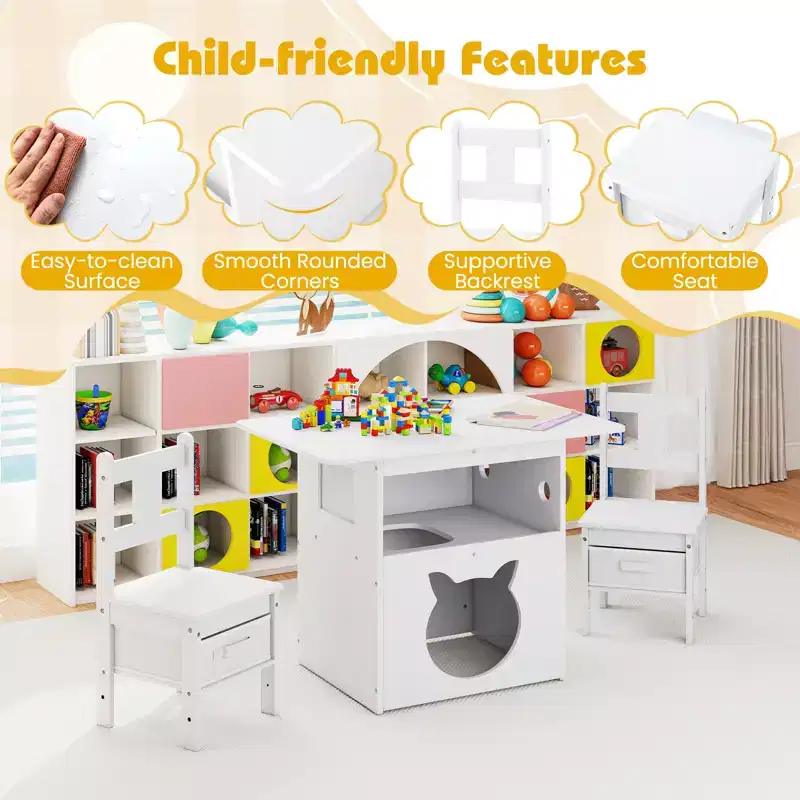 Costway 3 PCS Kids Table and Chairs Set Furniture w/Cat House Hole & Window 2 Chairs