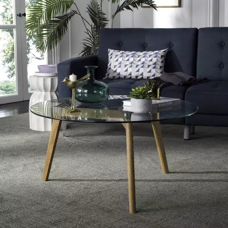 Marjoram Round Glass Coffee Table - Clear/Oak - Safavieh