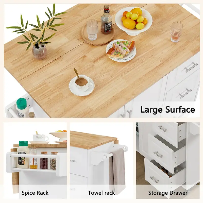 Kitchen Island with Drop Leaf Countertop and Rolling Cart
