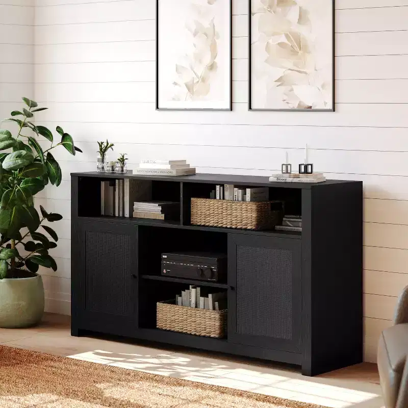 Merrick Lane 58 Mid-Century Modern Four Door Buffet, TV Stand with Shelving Fits Tv's up to 65