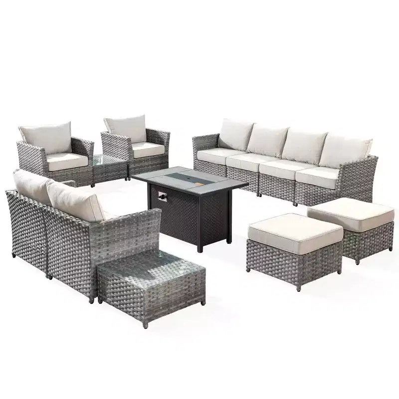 Tenaya 13pc Wicker Outdoor Patio Furniture Set Conversation Sofa with a Metal Fire Pit and Cushions