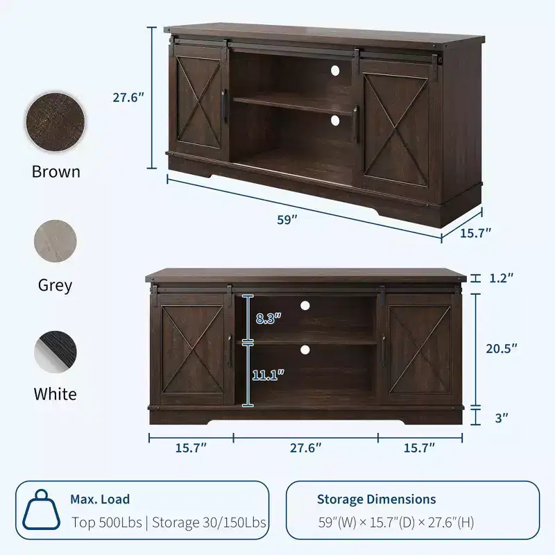 GustoWave Farmhouse TV Stand for TVs up to 65, Entertainment Center with Sliding Barn Doors & Adjustable Shelf for Living Room
