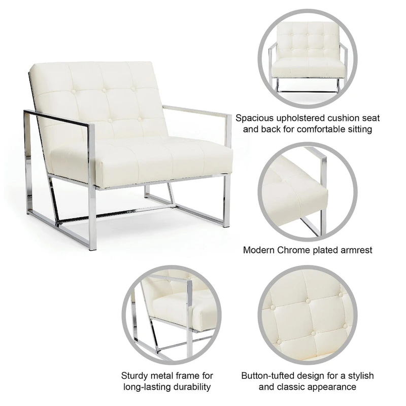 Glitzhome 30.50H Cream Mid-Century PU Leather Tufted Accent Chair with Chrome Plated Frame