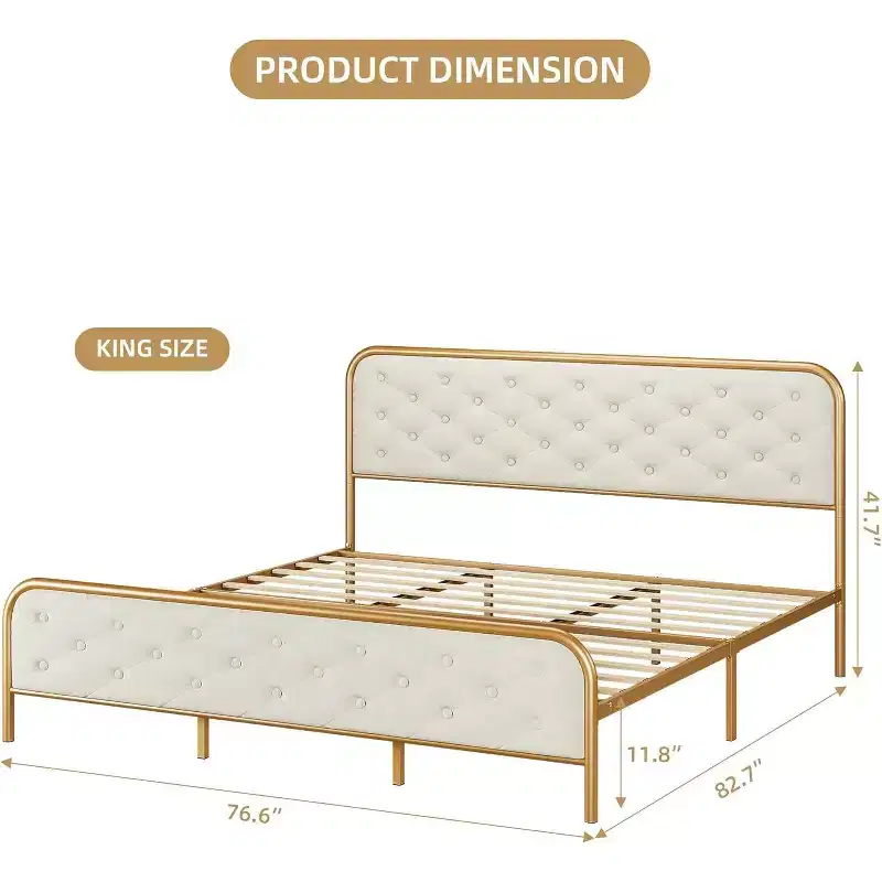 King Size Metal Bed Frame - Heavy Duty Platform Bed Frame with Storage, Steel Supports, No Box Spring Required, Easy Assembly, Noiseless, Gold White