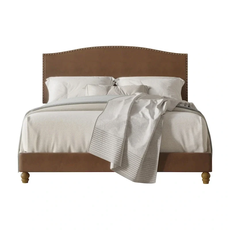 Faux Leather Platform Bed with Nailhead Trim – Brown, Headboard & Footboard, Twin / Full / Queen / King