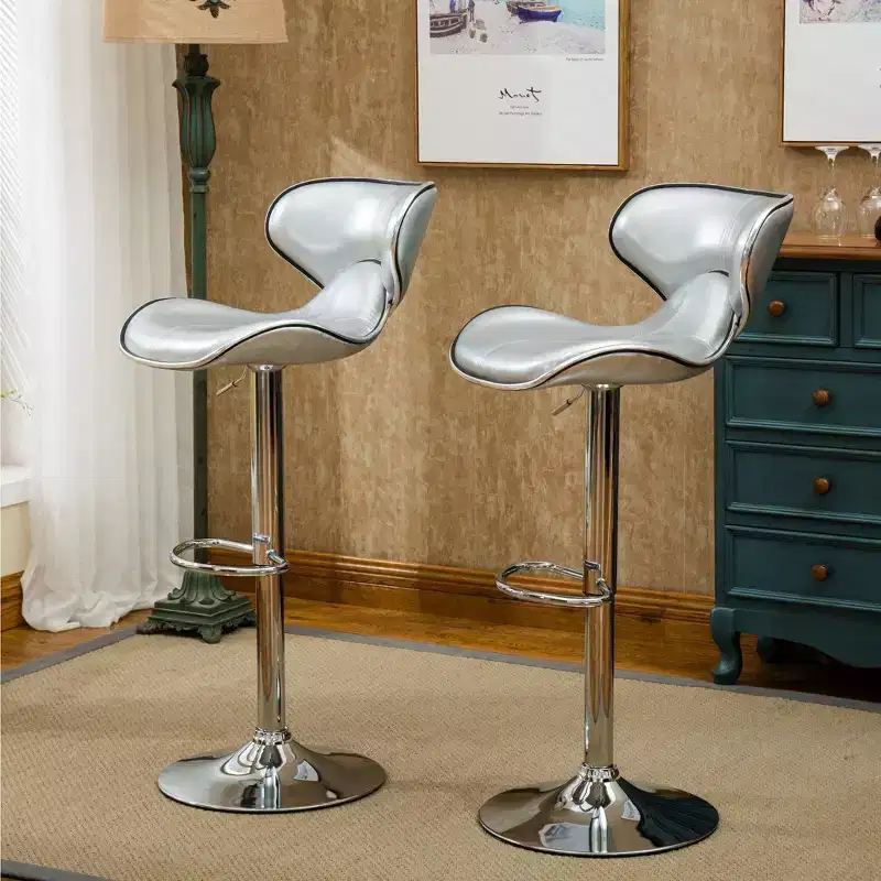 Roundhill Furniture Masaccio Cushioned Leatherette Upholstery Airlift Adjustable Swivel Barstool with Chrome Base, Silver, Set of 2