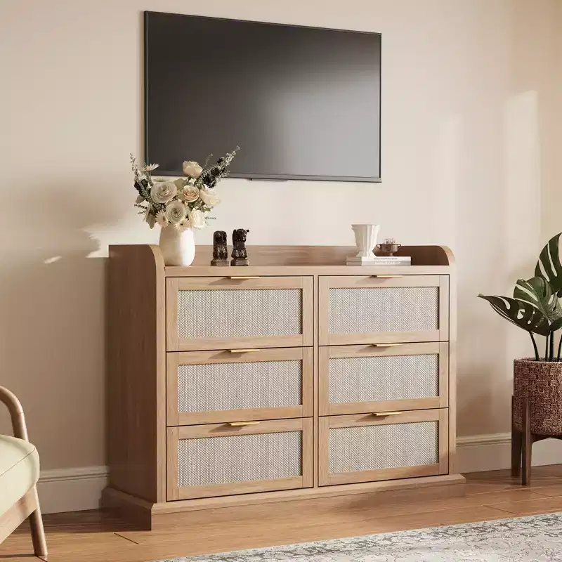6 Drawer Dresser for Bedroom, 47.2W Rattan Chest of Drawers with Metal Handles, Wooden Clothes Storage Organizer, Dresser TV Stand for Hallway
