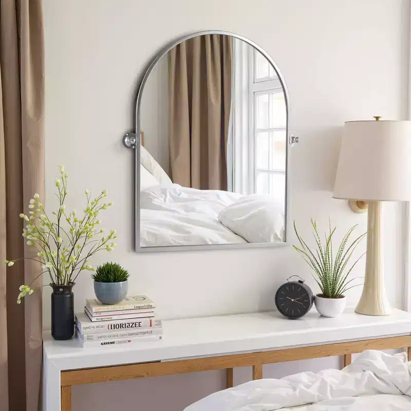 Silver Hardware Hanging Mirror with Iron Right-Angled Arched Design, 91x61x4cm