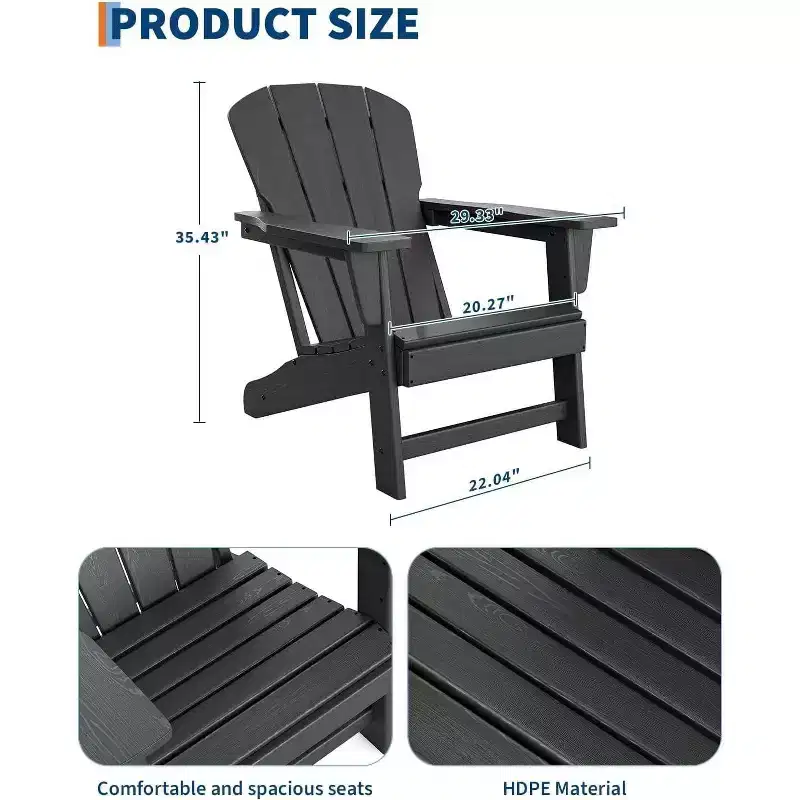 Acekool Oversize Adirondack Chair  Weather-Resistant HDPE Plastic with Wood Texture, 380 lb Capacity, Outdoor Patio Firepit Chair Black