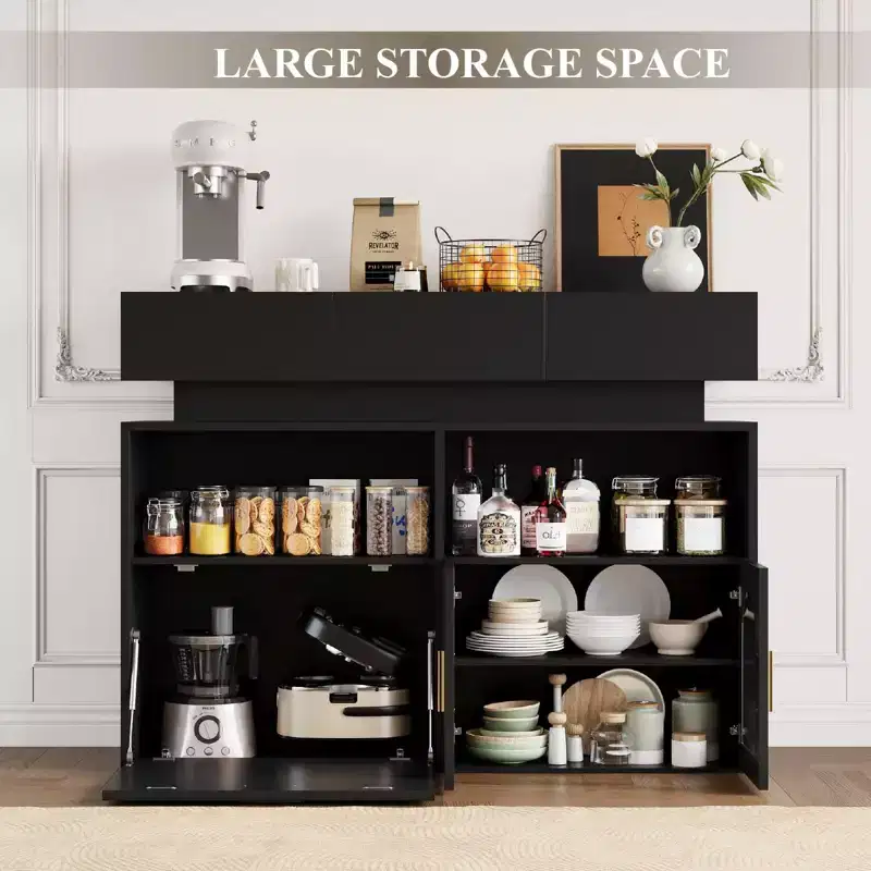 COZONY 55 Coffee Bar Cabinet with 3 Drawers & Charging Station, Kitchen Sideboard Buffet with Adjustable Shelf