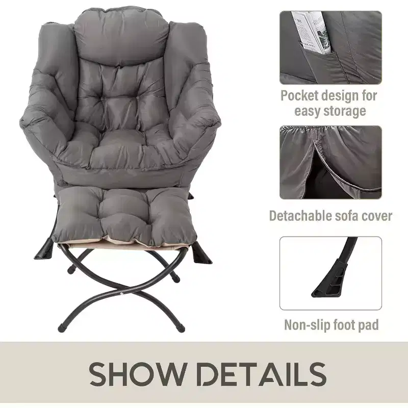 Accent Leisure Armchair with Ottoman, Side Pocket & Armrests – Dark Grey