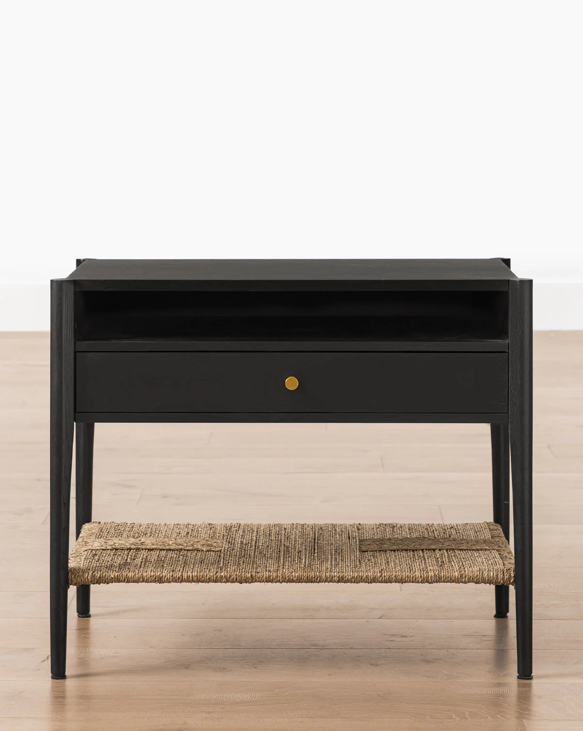Coastal Wood Nightstand with Woven Seagrass Shelf & Brass Hardware for Bedroom