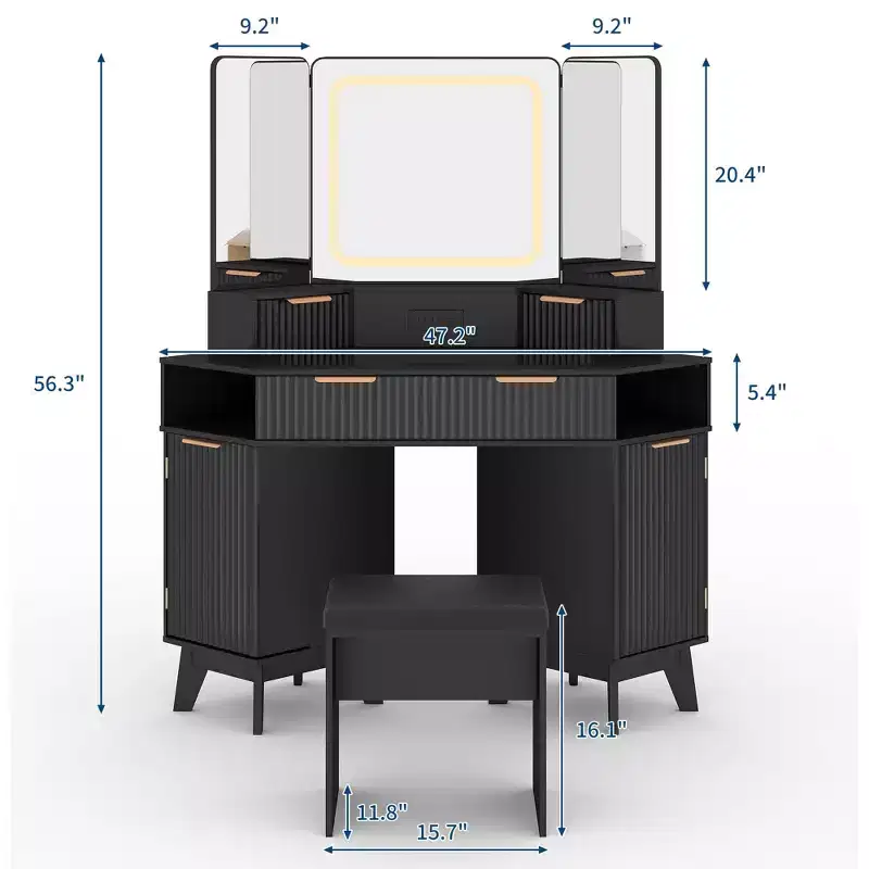 Corner Makeup Vanity Desk with Lights, 47 Wooden Dressing Table with Tri-Fold Mirror & Glass Top, Vanity Table Set with Stool for Bedroom