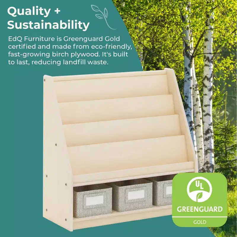 Guidecraft EdQ Book and Bin Display: Children's Wooden Multi-Purpose Bookshelf with Toy Storage for Kids' Rooms and Classroom