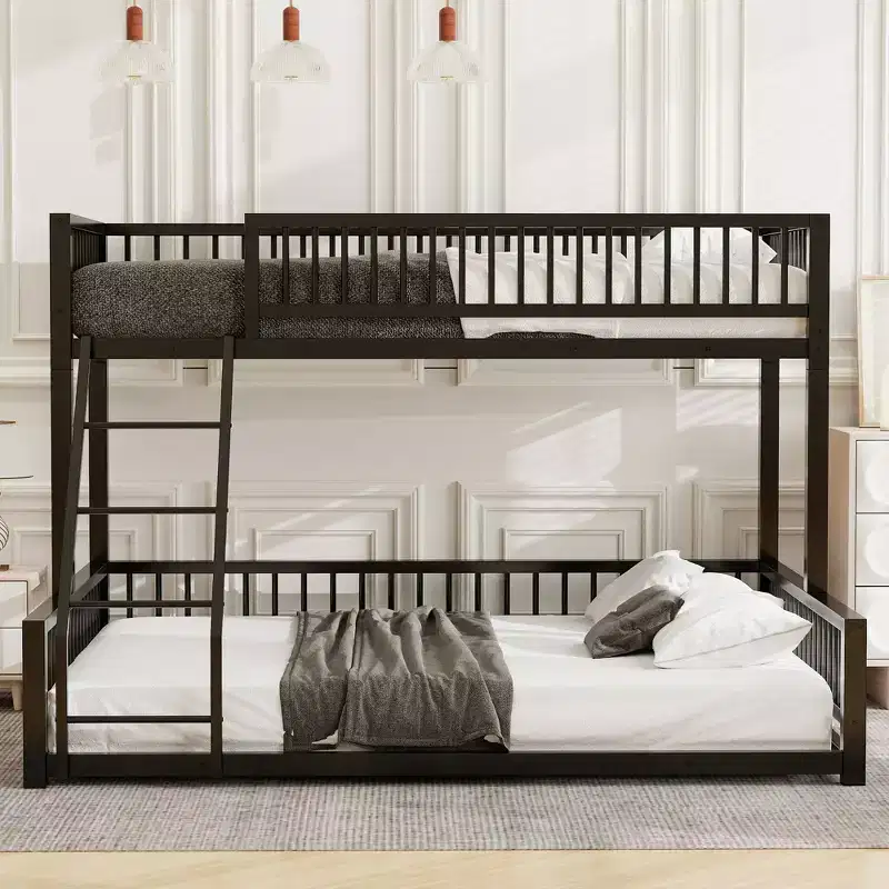 Metal Twin XL Over Queen Bunk Bed, Floor Bunk Bed Frame with Ladder and Safety Guardrails, Can be Converted Into Two Bed