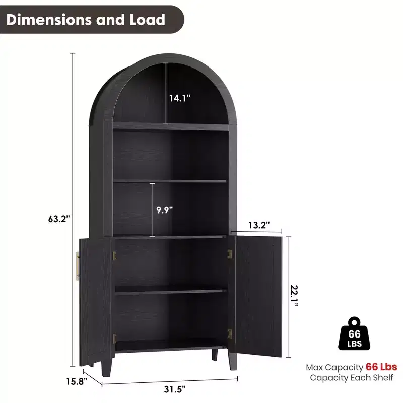 63.2Arched Bookcase with Doors, 5 Tier Open Display Shelf with Rattan Decor, Versatile Storage Cupboard for Kitchen, Dining Room, Living Room