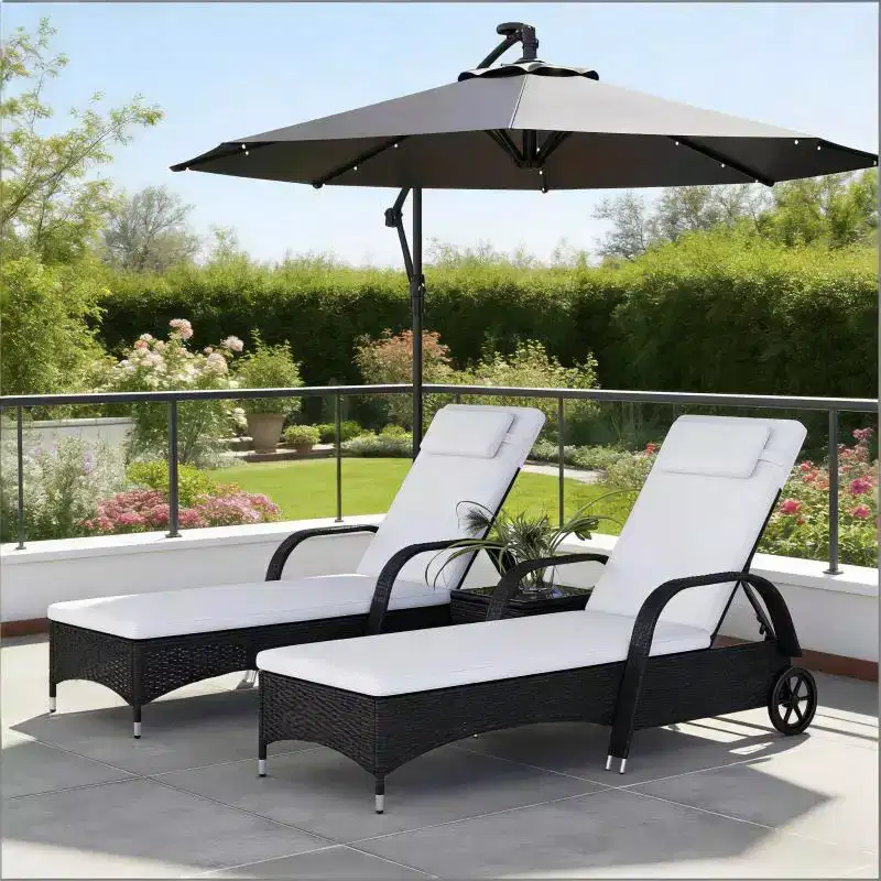 GDFStudio Sunvale Outdoor 3 Piece Rattan and Iron Chaise Lounge Set with Table