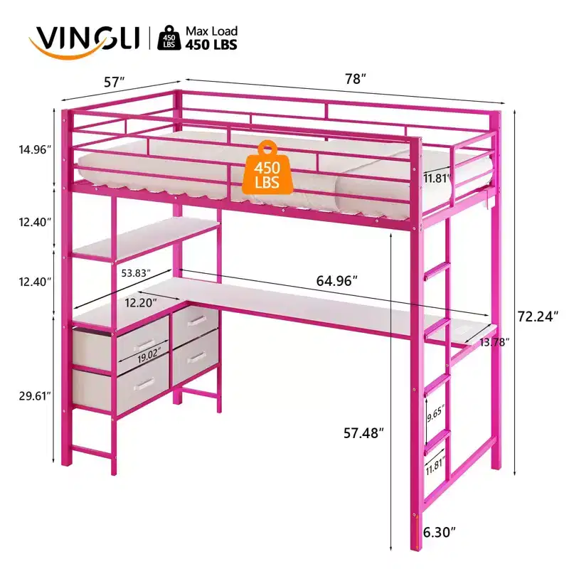 Full Metal Loft Bed with Desk, 15