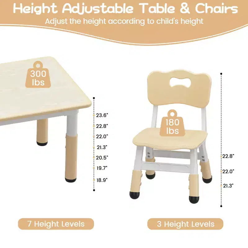 Kids Table and Chair Set, Children Activity Desk w/Easy Wipe Graffiti Desktop & Non-Slip Legs, Height Adjustable Toddler Table & 4 Chairs Set