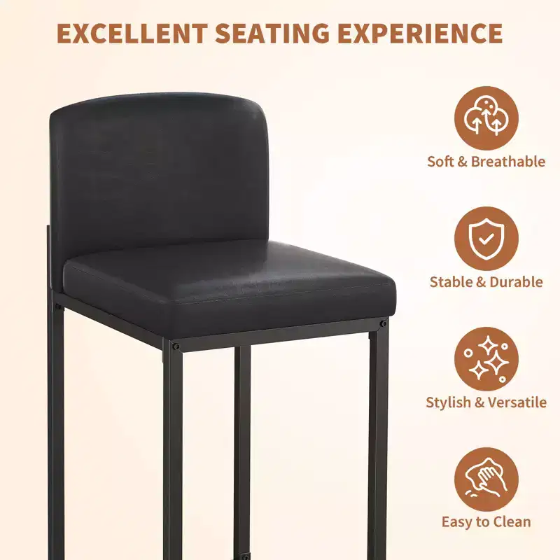 Modern Counter Height Bar Stools Set of 2, Black Faux Leather Upholstered Chairs with Backrest and Sturdy Metal Legs for Kitchen Island and Home Bar