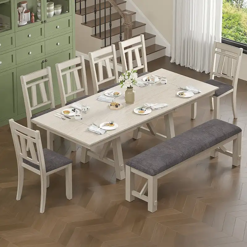 VECELO Dining Table Set with Bench, Solid Wood Rectangular Extendable Dining Table & Solid Wood Dining Chairs