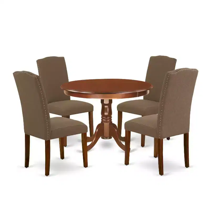 Round Dinette 5-Piece - 42 Inch Table & 4 Chairs - Linen Fabric - Dark Coffee Finish