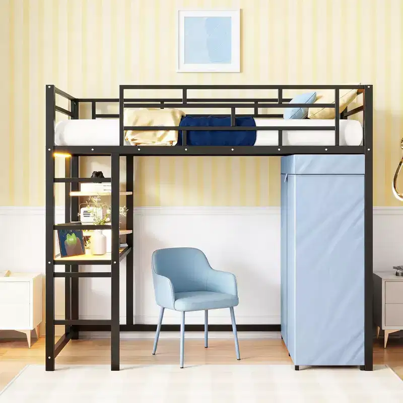Luxystar Metal Loft Bed with Desk, Shelves, Wardrobe, Power Outlet and LED