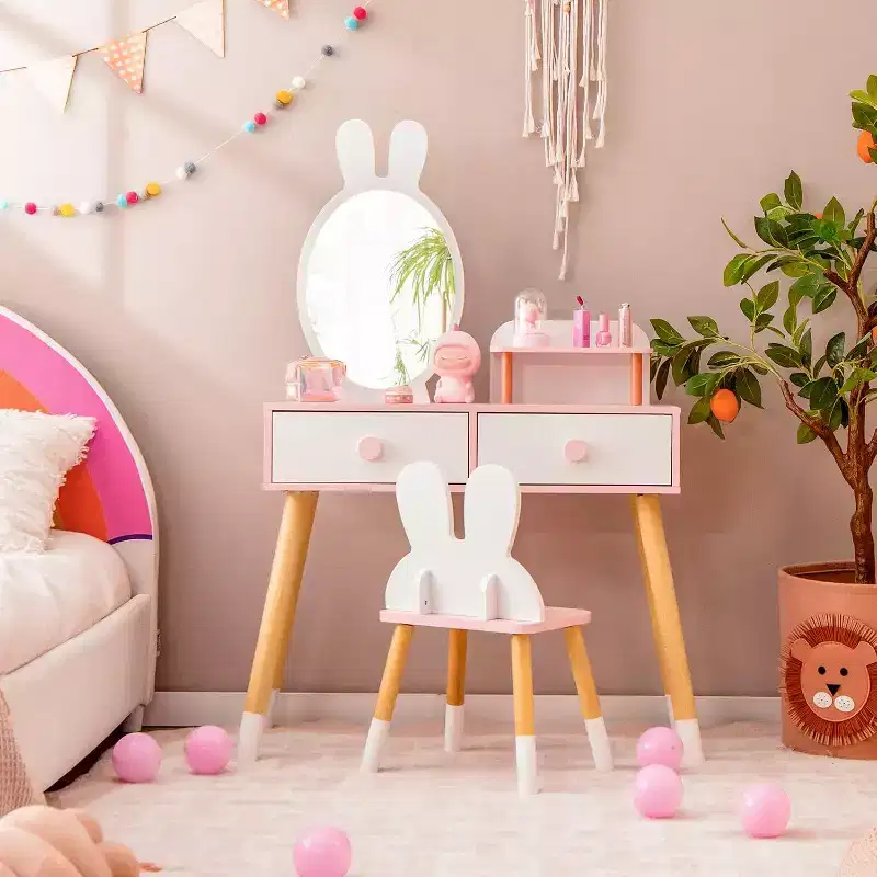 BALHAM TRADE-Rabbit Themed Kids Vanity Set White Wooden Makeup Table Chair w 2 Large Drawers