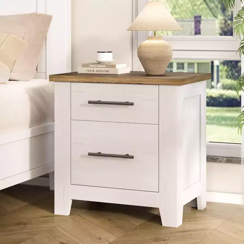 Farmhouse Nightstand with 2 Drawers, Distressed White Bedside Table with Brown Top, Rustic Wood End Table for Bedroom & Living Room