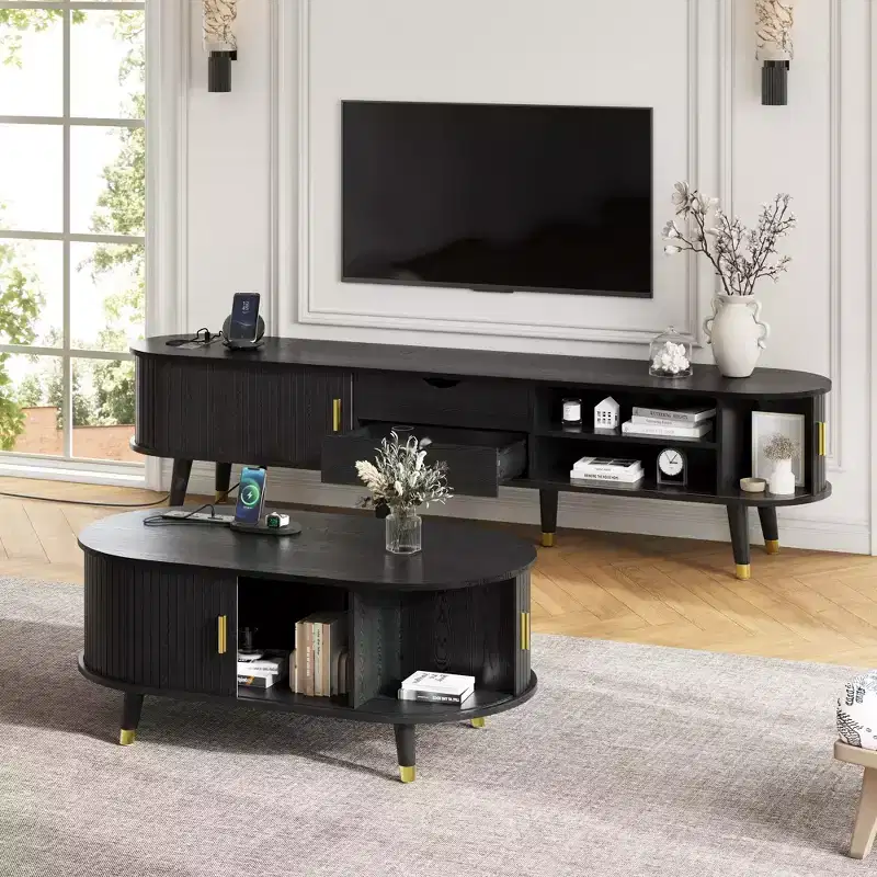 Farmhouse TV Stand Set with Coffee Table for 80 inch TV, Fluted TV Storage Cabinet with Sliding Door, Oval Entertainment Center with Wood Legs