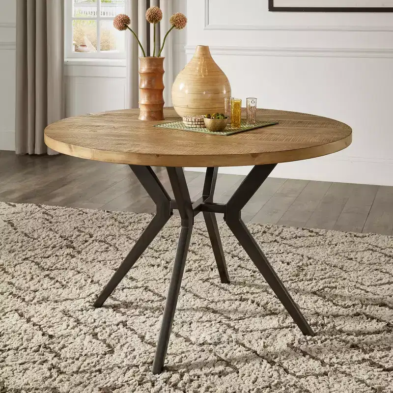 4-Person Round Dining Table, Light Pine Wood Finish & Iron Gray Metal Base