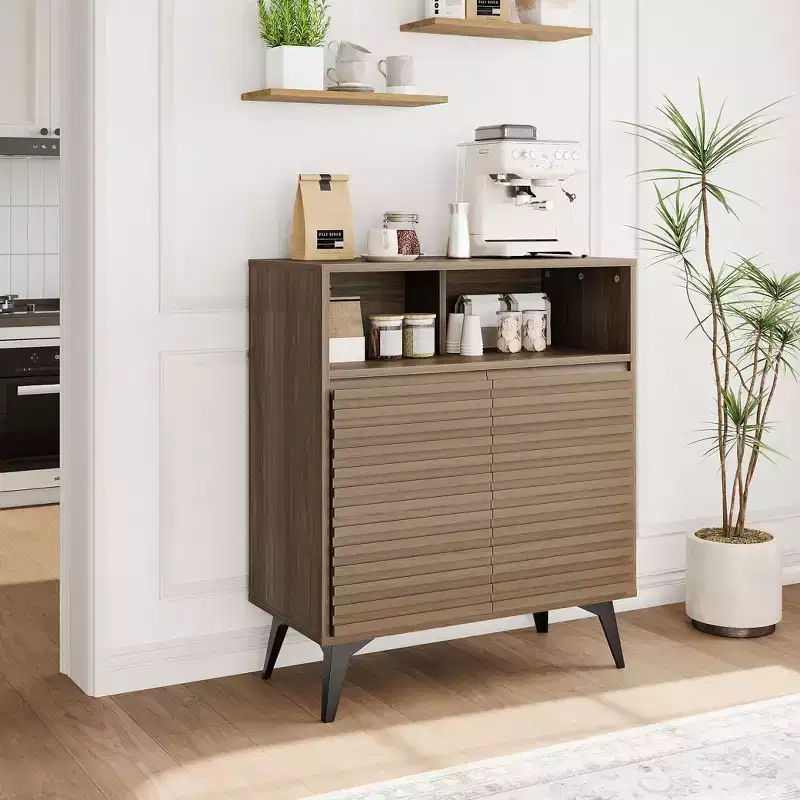 Fluted Storage Cabinet with Metal Legs – Mid-Century Modern Sideboard Credenza