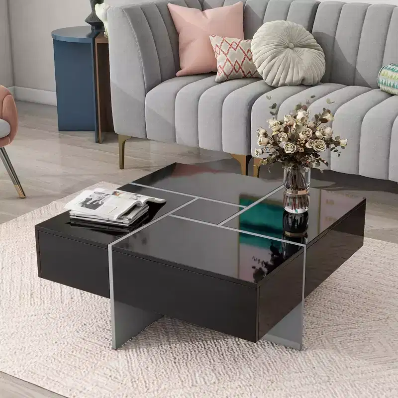 Coffee Table with 4 Hidden Storage Compartments, Square Sliding Top Center Table for Living Room