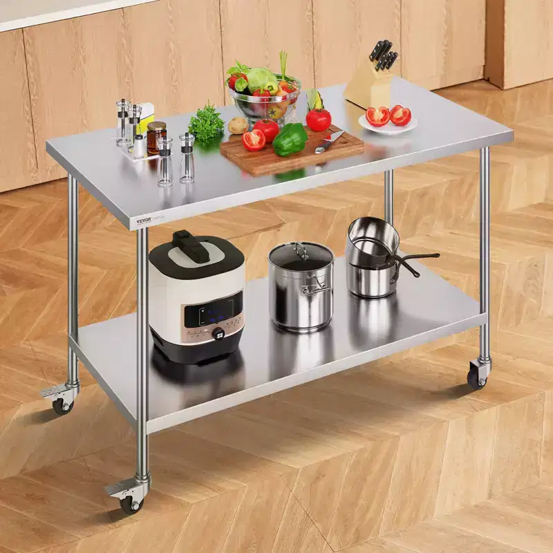 Stainless Steel Work Table 30 x 60 x 38 Inch, with 4 Wheels, 3 Adjustable Height Levels, Heavy Duty Food Prep Worktable