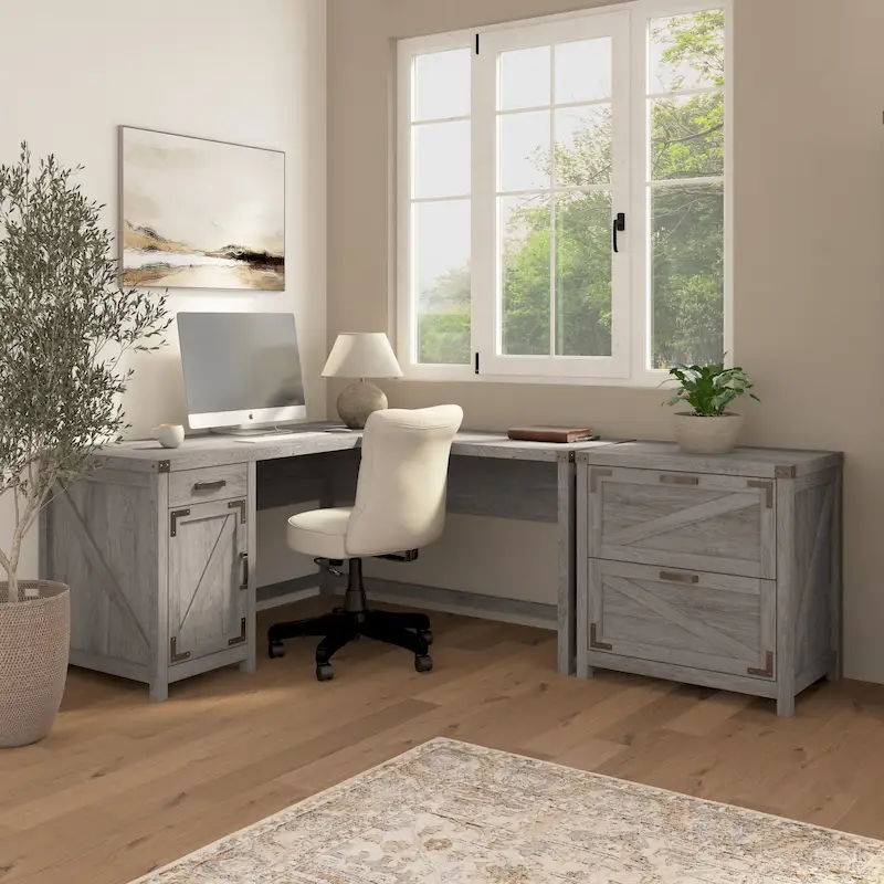 L-Shaped Corner Desk with 2-Drawer File Cabinet – Restored Gray / Reclaimed Pine / Cottage White