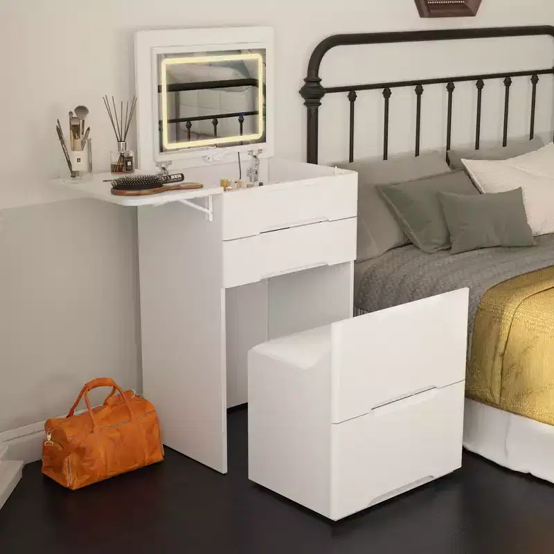 White Foldable Storage Vanity - Compact Makeup Table with Organization