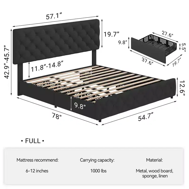 Modern Upholstered Bed Frame with Footboard, Adjustable Headboard, 4 Drawers Wooden and Slats Support