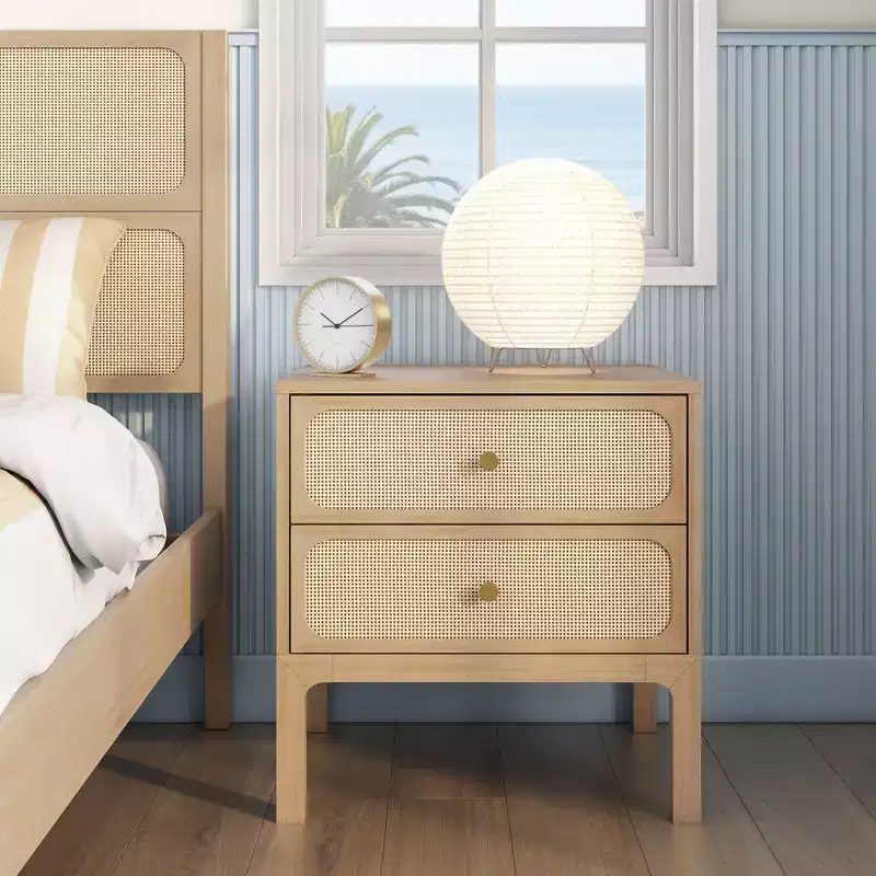 Rattan 2-Drawer Nightstand â€?Bohemian Bedside Table with Natural Woven Texture