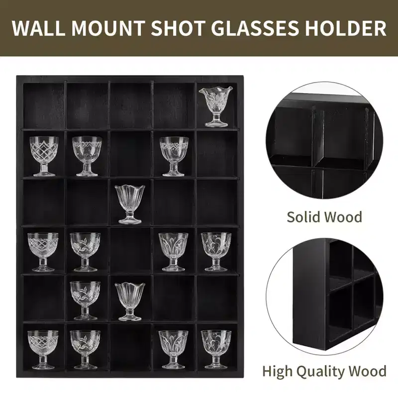 2 Pcs Shot Glass Display Case, Black Wooden Shot Glass Shelf with Removable Shelves, Wall Mounted Shadow Box Thimble Display Case, 30 Slots