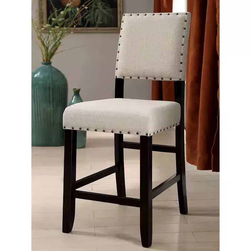 Beige Linen Counter Height Chair with Nailhead Trim, Set of 2