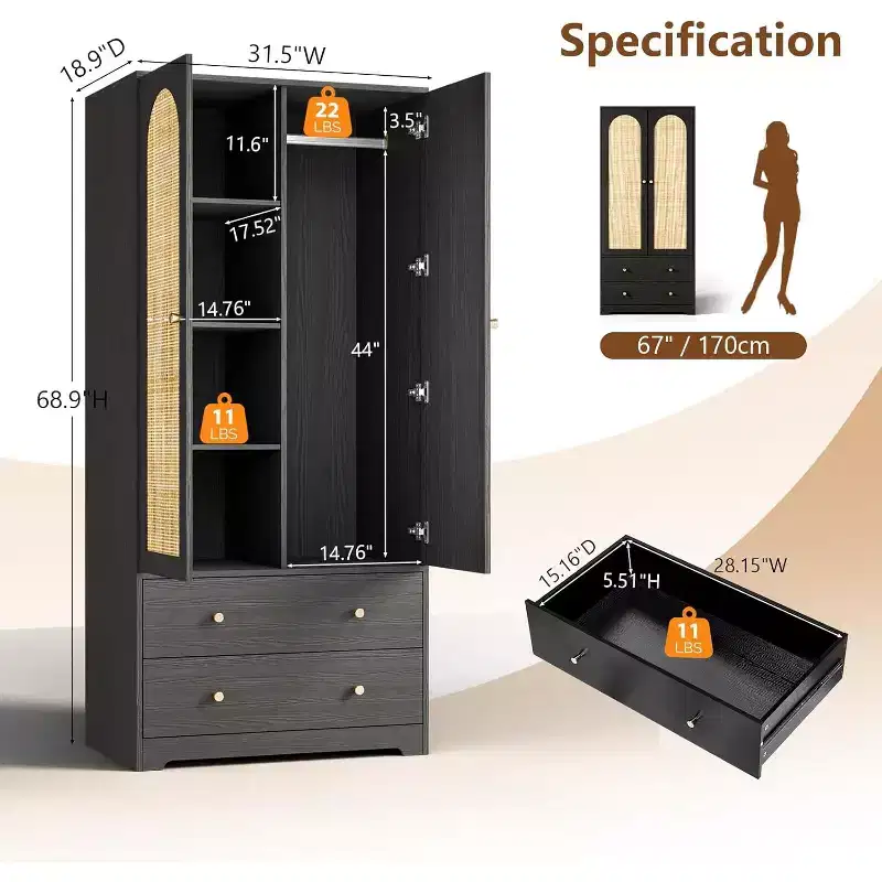 Armoires Closet with Doors, Rattan Armoire Wardrobe Closet with Drawers & Hanging Rod, Armoire with Shelves, Wooden Wardrobe