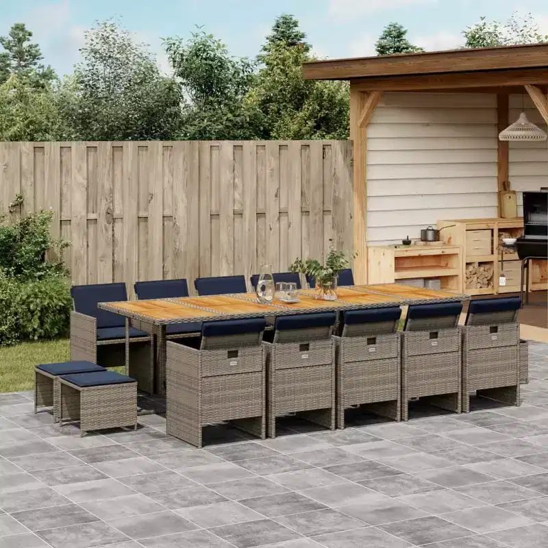 vidaXL Patio Dining Set Set of 14 Gray PE Rattan 15 Piece Set