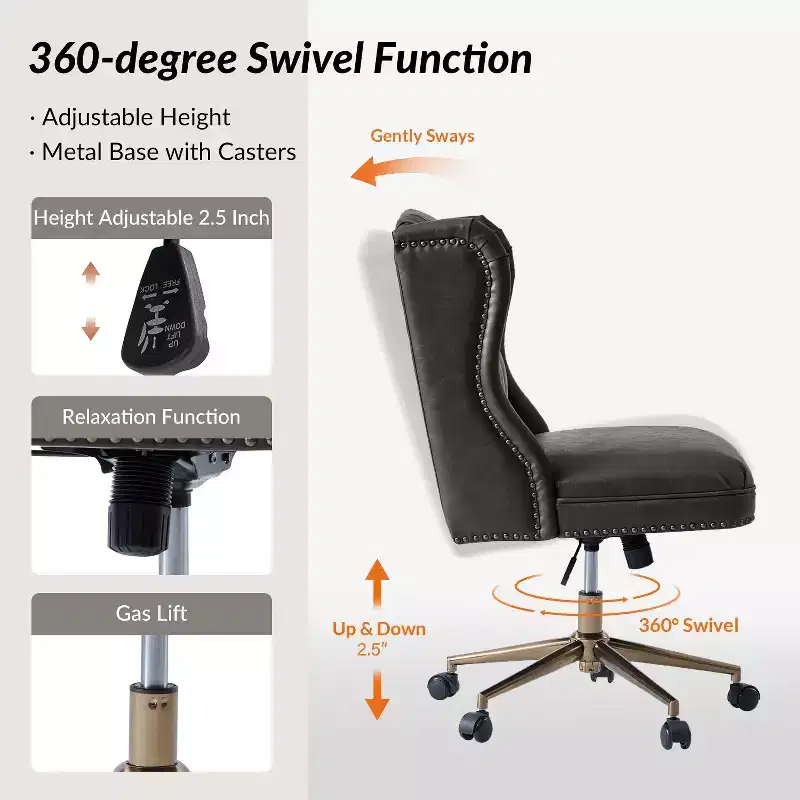Hazel Traditional Faux Leather Wingback Office Chair — Tufted, Bronze Nailhead, Camel