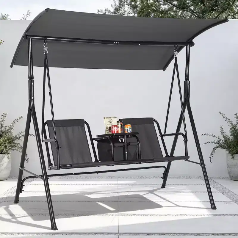 2-Person Outdoor Porch Swing with Canopy, Cup Holders & Pivot Storage Table, Weather-Resistant Steel Frame