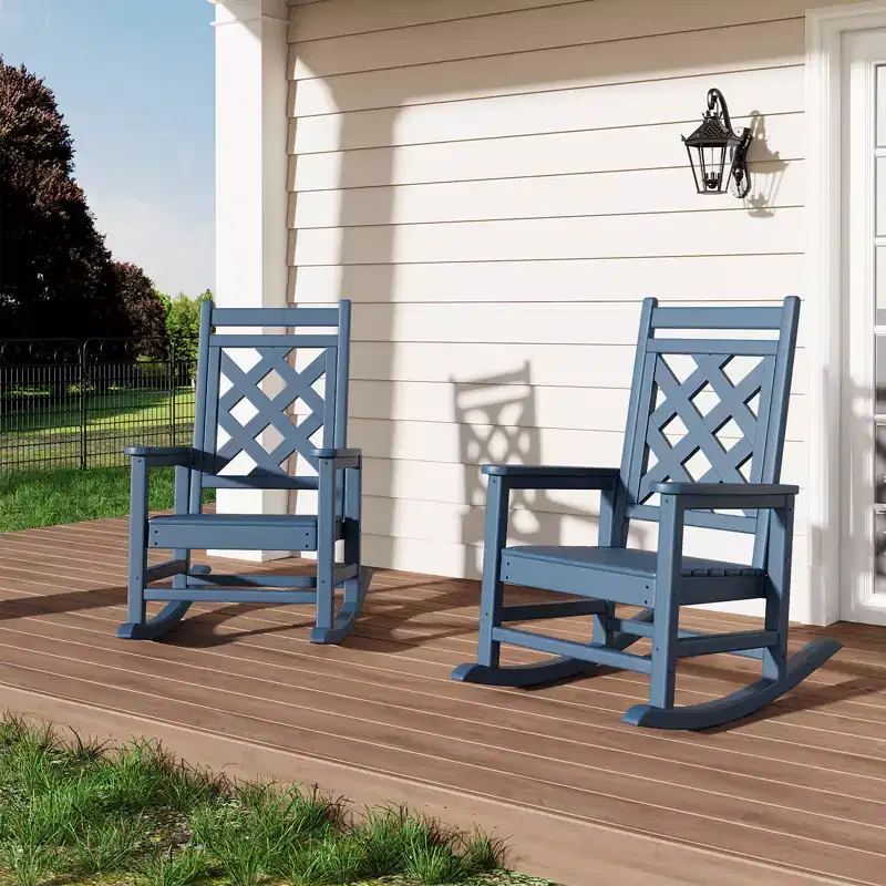 2pcs Outdoor Adirondack Rocking Chair, HDPE Weather Resistant Patio Porch Rocker - 380 LBS Capacity, Wood Texture, Wide Ergonomic Backrest
