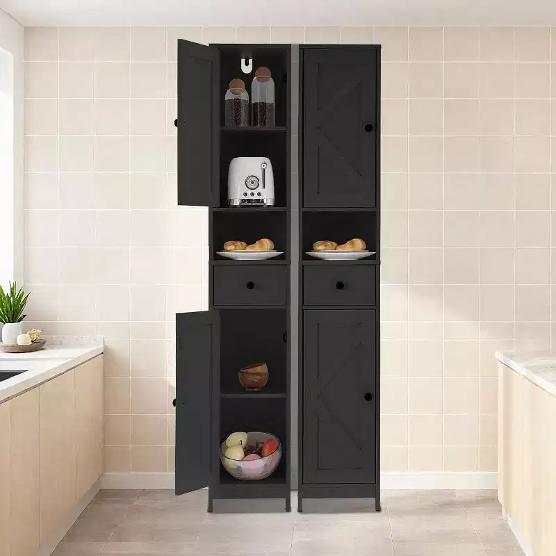 Tall Narrow Bathroom Storage Cabinet with 3 Door Cupboard, Adjustable Shelves, Open Shelf, Metal Handles and Hinges