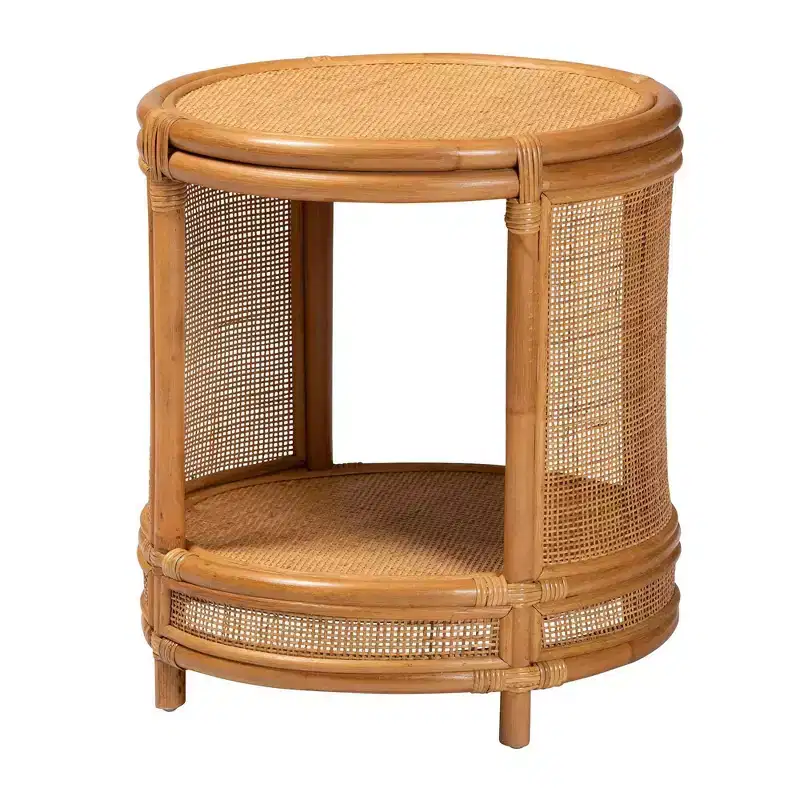 Round Rattan End Table in Light Honey – No Assembly Required