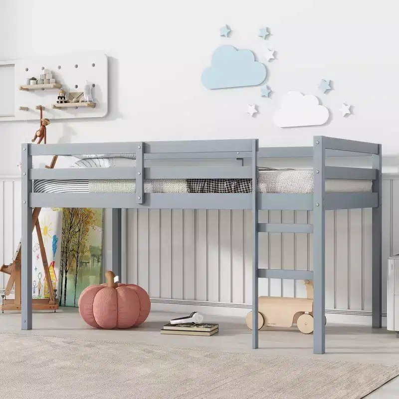Twin High Loft Bed with Integrated Desk & Safety Guardrail, Solid Rubberwood, Grey